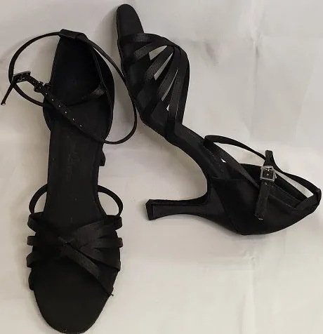 3" Alaia II -- Flare Heel Latin Sandal -- Black Satin