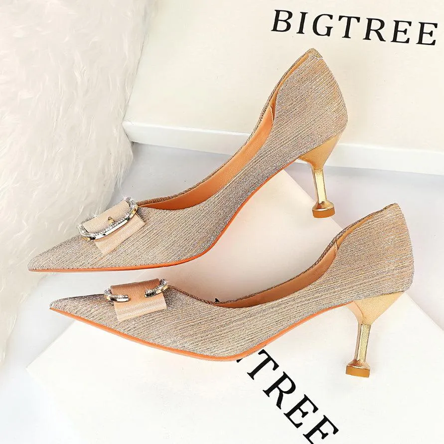 Chicvane Womens Shine Crystal Buckle Pointed Toe Kitten Heel Party Bridal Pumps