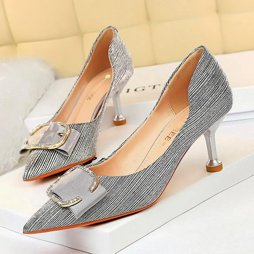 Chicvane Womens Shine Crystal Buckle Pointed Toe Kitten Heel Party Bridal Pumps