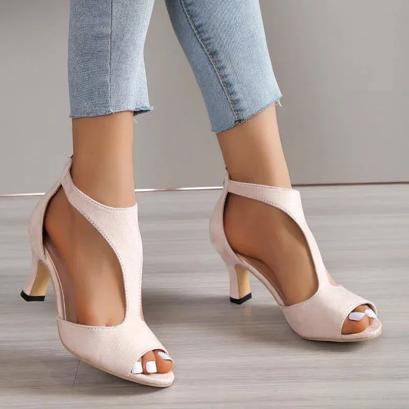 Cut Outs Back Zipper Fishmouth High Heels Leather Sandals