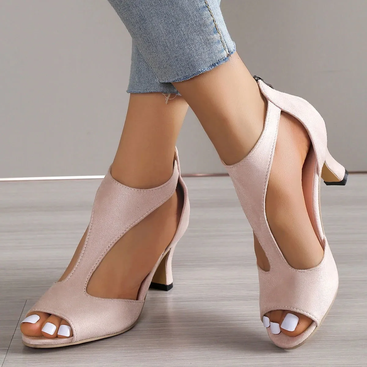 Cut Outs Back Zipper Fishmouth High Heels Leather Sandals