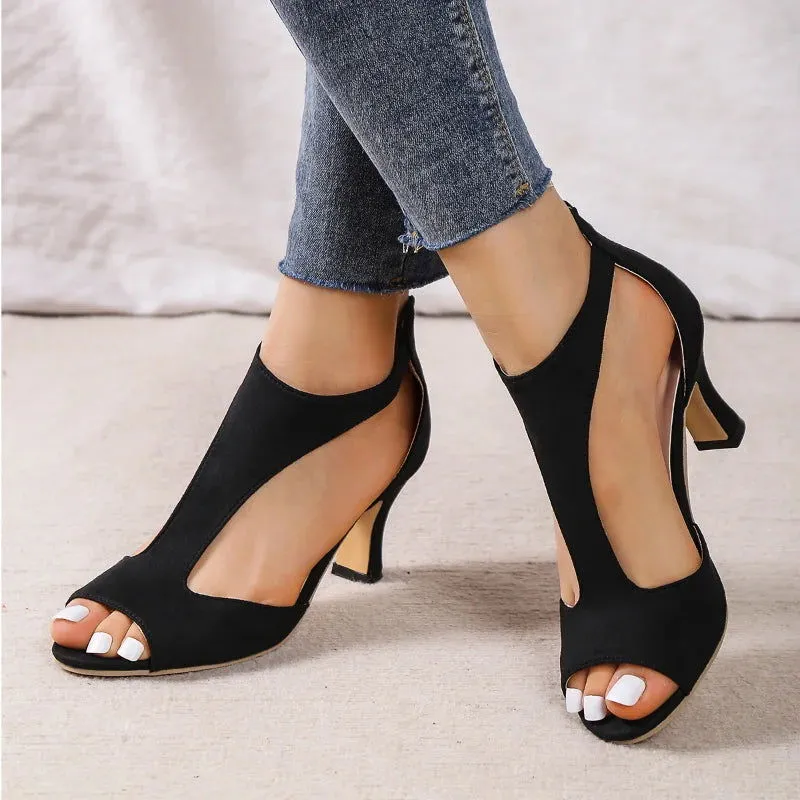 Cut Outs Back Zipper Fishmouth High Heels Leather Sandals
