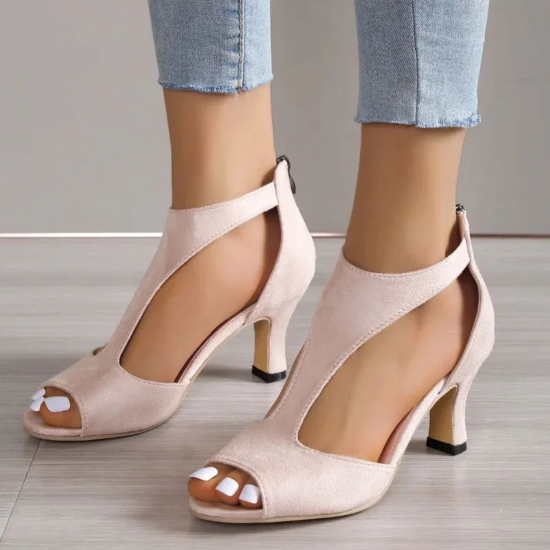 Cut Outs Back Zipper Fishmouth High Heels Leather Sandals