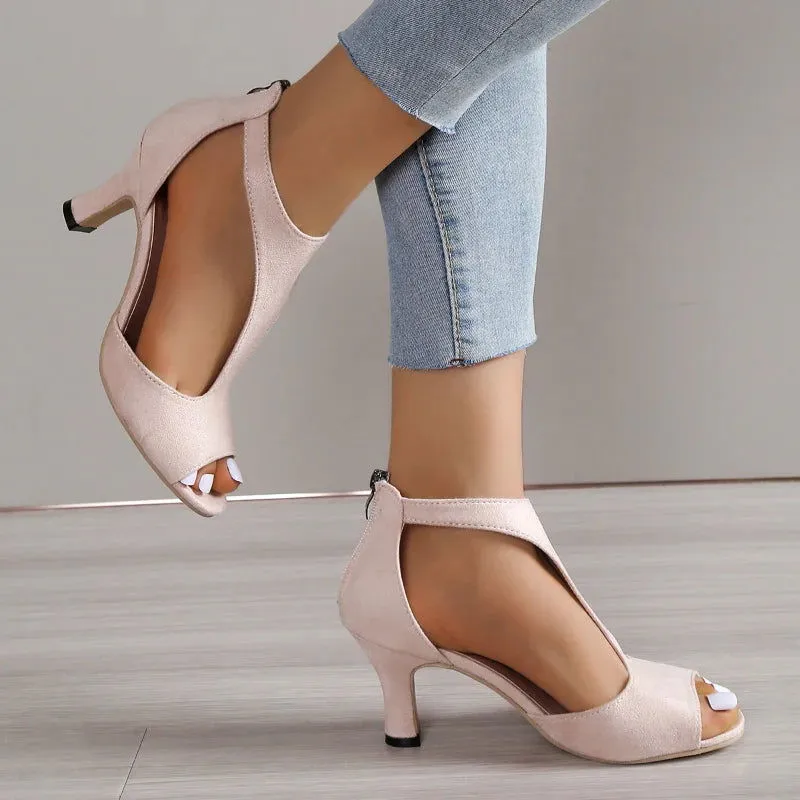 Cut Outs Back Zipper Fishmouth High Heels Leather Sandals