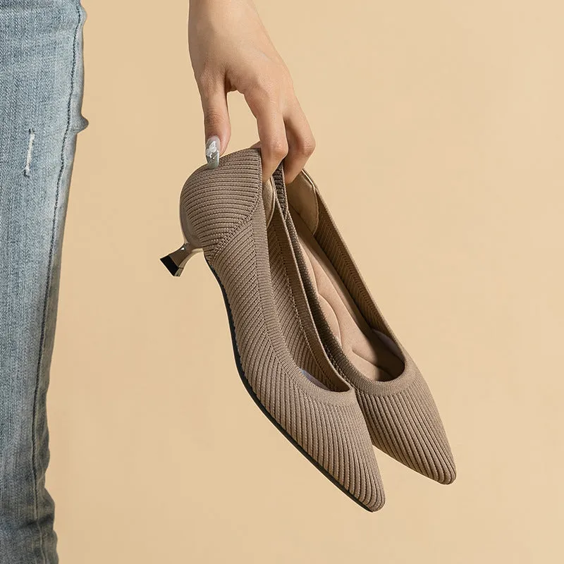 Pointed Shallow Mouth Soft Sole Knitted Shoes Medium High Heel Single Shoes Commuter Shoes