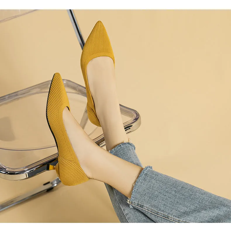 Pointed Shallow Mouth Soft Sole Knitted Shoes Medium High Heel Single Shoes Commuter Shoes