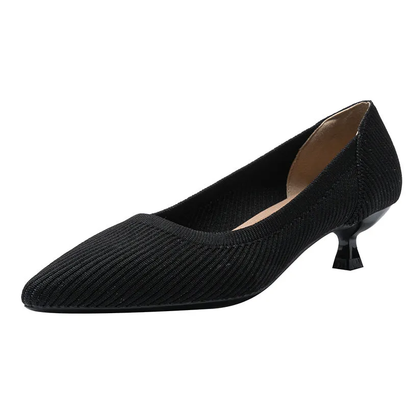 Pointed Shallow Mouth Soft Sole Knitted Shoes Medium High Heel Single Shoes Commuter Shoes