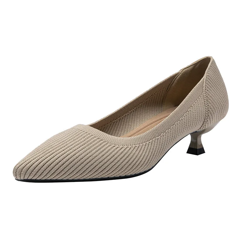 Pointed Shallow Mouth Soft Sole Knitted Shoes Medium High Heel Single Shoes Commuter Shoes