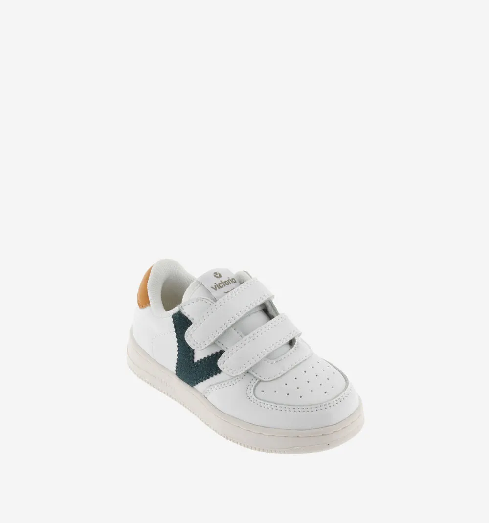 White leather sneaker with contrast green/mustard